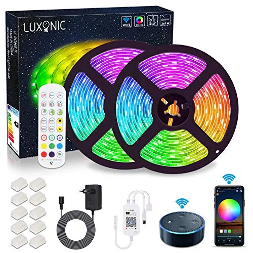 Striscia LED WiFi da 10 m (2 x 5 M), LUXONIC Luce Strisce LED RGB 5050 SMD LED Impermeabile IP65 Multicolore Sincronizzazione con musica, APP per smartphone Lavora con Alexa Google Home