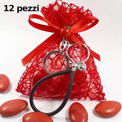 Sindy Bomboniere Bomboniera Laurea Medicina zama con Sacchetto Rete Rosso stetoscopio (12 Sacchetto con Kit di confezionamento)