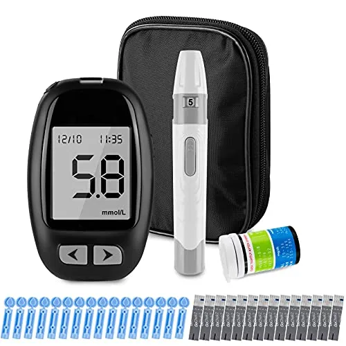 Glucosio nel Sangue Kit Aggiornamento 2021 Misuratore di Glicemia Diabetes Test Kit Trasmissione Dati tramite MicroUSB Avviso di Ipoglicemia e Chetoni con 50 strisce e 50 lancette mg/dL