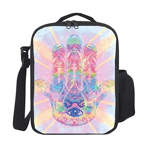 Insulated Lunch Bag for Women Kids Adults Large Lunch Bags for Work with Bottle Holder Energy Flow Aura Inspired Design Harmony Yoga Meditation Theme Personalised Square Washable Picnic Bags