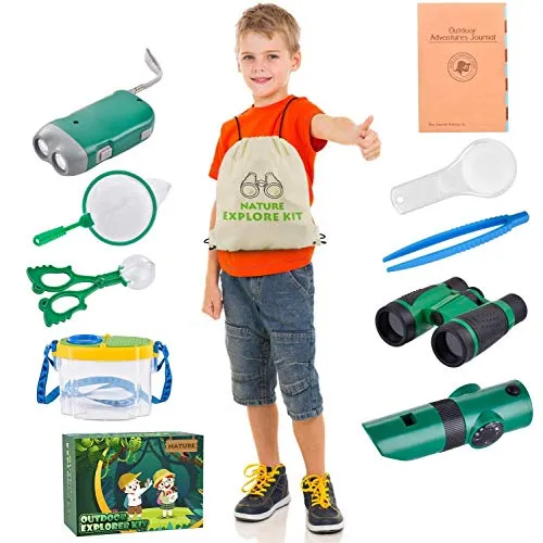 AMOYEE Binocolo per Bambini, 25 Pezzi Giocattoli per Avventurose Esplorazioni, Telescopi Avventure all'Aperto per Bambino, Lente d'Ingrandimento, Bussola, Regalo per i Bambini