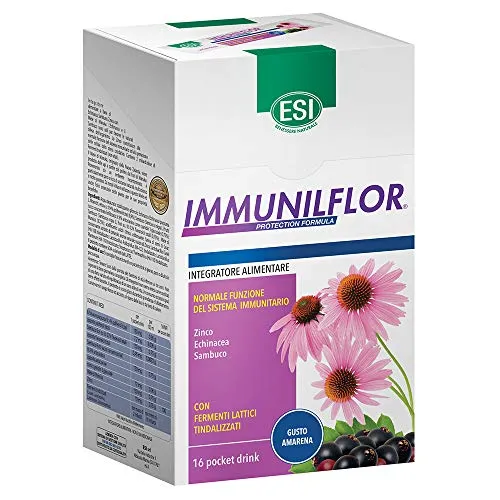 ESI - Immunilflor, Integratore Alimentare a Base di Fermenti Lattici e Vitamina C, Favorisce le Difese Immunitarie Contro i Malanni Tipici della Stagione Invernale, Senza Glutine, 16 Pocket Drink