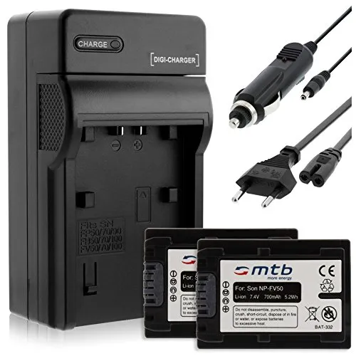 2 Batterie + Caricabatteria (Auto/Corrente) per Sony NP-FV50 / DEV-, DCR-, HDR-, NEX-.vedi lista!