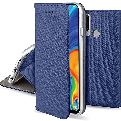 Moozy Cover per Huawei P30 Lite, Blu Scuro - Custodia a Libro Flip Smart Magnetica con Appoggio e Porta Carte