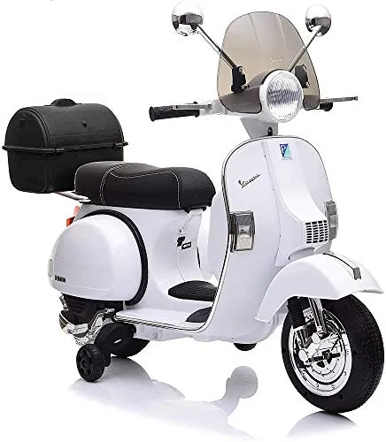 Moto Elettrica Scooter per Bambini Piaggio Vespa PX 150 12v Full Parabrezza e Bauletto Luci Suoni LED Mp3 (Bianco)