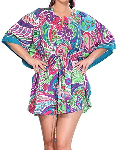 LA LEELA Super Soft Likre Kimono Arte Moderna Foglia Coulisse 4 in 1 Spiaggia Occultamento Bikini Tunica Loungewear Vestito Superiore Base più Il Costume da Bagno Bikini Donne kaftankaftan Blu