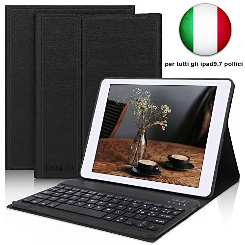 D DINGRICH Tastiera Italiano Custodia per iPad 2018(6th Gen), iPad 2017 (5th Gen)- iPad PRO 9.7- iPad Air 2/1, Cover con Tastiera Bluetooth Removibile Ricaricabile, iPad 9.7 Tastiera Custodia