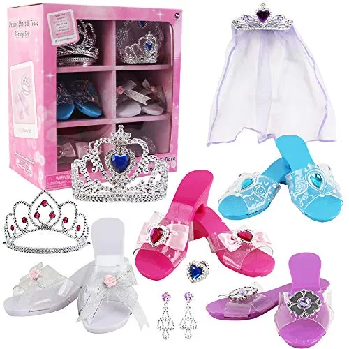 deAO Gioco di Scarpe e Accessori di Principessa Gioco d'Imitazione per Bambini Set di 3 Paia di Scarpe col Tacco, Corona, Tiara, Fascia con Velo e Gioielli Fatto di Plastica