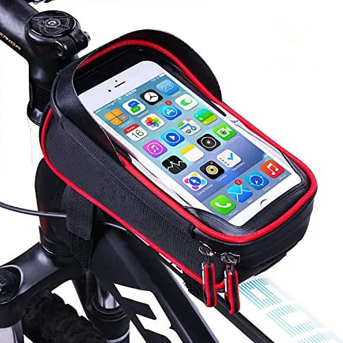 LIDIWEE Borsa Telaio Bici, 6 inch Porta Cellulare Bici, Borsa da Manubrio per Biciclette, Borse Biciclette Supporto Bici MTB BMX, Accessori Bici (Nero e Rosso)