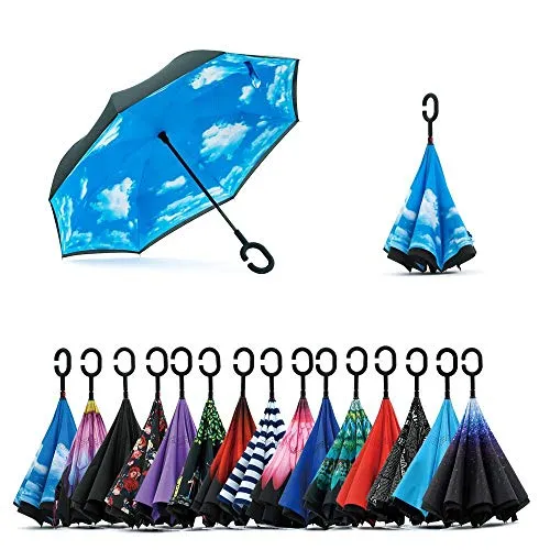 Jooayou Doppio Strato Invertito Ombrello, Manico a Forma di C Ombrello Ribaltabile Inverso, Anti UV Antivento Umbrella di Viaggio