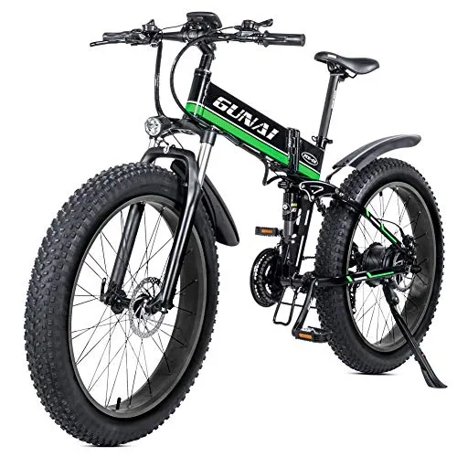 GUNAI Bici elettrica 26 Pollici Pieghevole Fat Tire Snow Bike 21 velocità Mountain E-Bike con Sedile Posteriore （Verde）