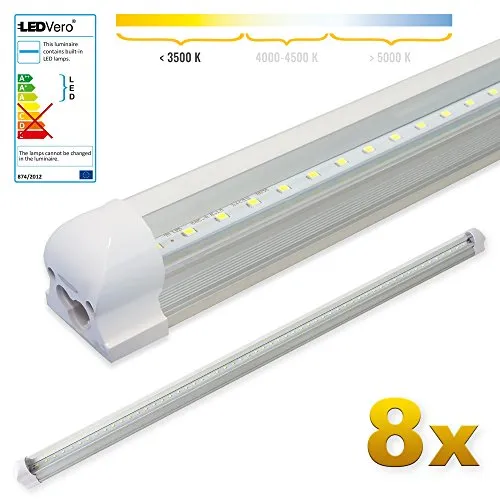 LEDVero 8x SMD LED Tubo 120cm integrato Bianco caldo - Tubo fluorescente Bianco freddoT8 G13 - Cover opalino 18 W, 1800 Lumen- pronto per l'installazione