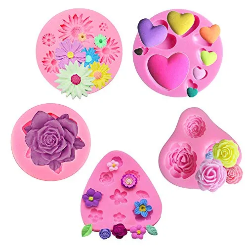 Confezione da 5 stampi floreali in silicone per torte/fondenti, a forma di cuore, fiori, rosa e margherita, per decorare torte, sapone, argilla, fimo, cioccolato, zucchero - Piccoli stampi artigianali