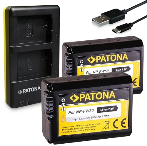 PATONA Caricabatteria Doppio con 2x Batteria NP-FW50 Compatibile con Sony DSC-RX10 NEX-5 NEX-6 NEX-7