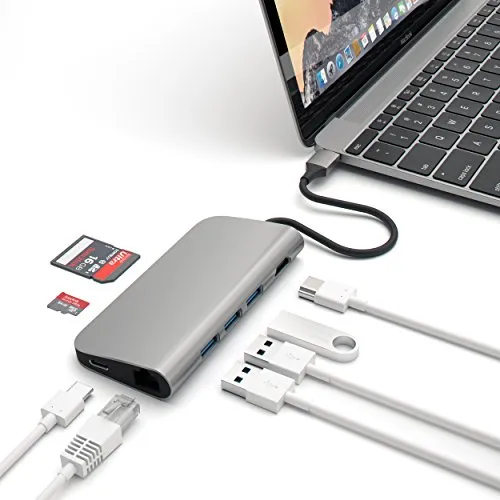 Satechi Adattatore Multiporta di Tipo-C in Alluminio con Porta di Ricarica di Tipo-C, Uscita video 4K HDMI (30 Hz) e 2 Porte USB 3.0 per MacBook 12 e New MacBook Pro 2016/2017/2018 (Grigio siderale)