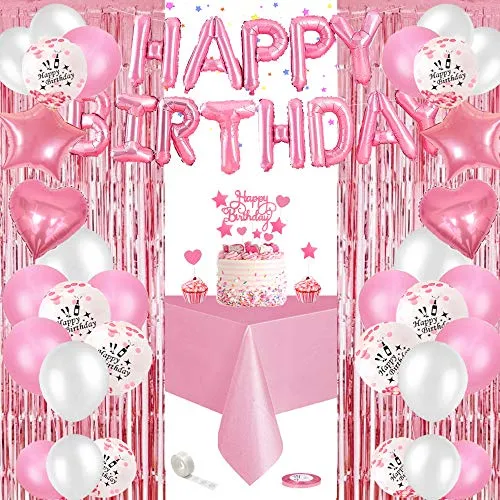 SPECOOL Decorazioni Compleanno Rosa, Rosa Festone di Compleanno Happy Birthday, Rosa, Bianchi Palloncini, Palloncini Coriandoli Rosa, Tovaglia, Tenda a Frange per Compleanno Feste Decorazioni