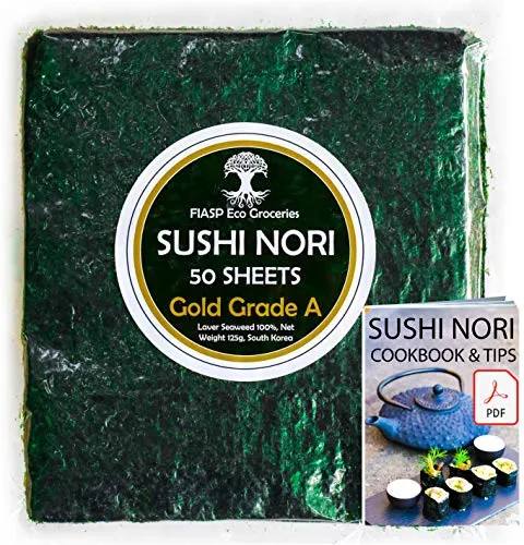 Fogli di alghe Nori Sushi - 50 fogli interi, 125 g - Cotto Al Forno Maggio 2021, grado premium (oro), direttamente dalla fattoria di famiglia in Corea del Sud (non aromatizzati, gusto tostato e umami)