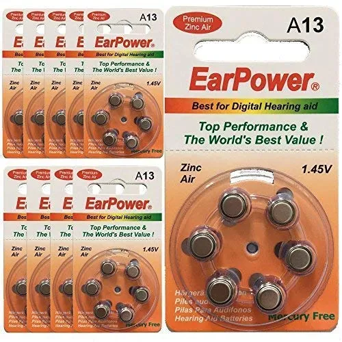 Batterie Acustiche EarPower 13 per Apparecchi Acustici | Pack da 60 Batterie | Colore Arancione