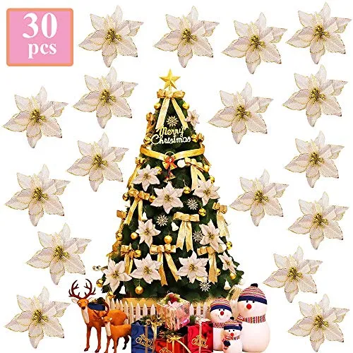 Gudotra 30pz Decorazione di Albero di Natale Fiorellini Fiori di Stella di Natale Color Crema Oro Fiore Artificiale