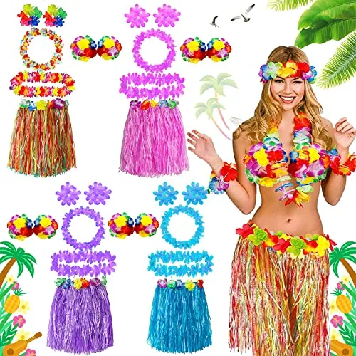 Gonne Hawaiane,4 Set 24 Pezzi Costume Hawaiano,Gonna Hawaiana Donna con Collana Fiori Hawaiana,Gonna Hula Hawaiana,Collana Hawaiana Fiori,Gonne Hawaiane Bambina con Hawaiana Bracciali Fasce