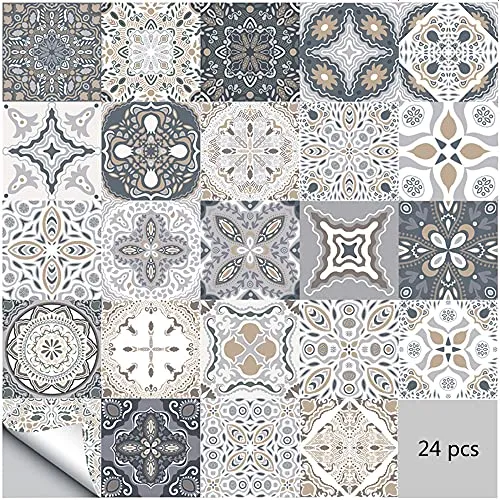 Adesivi per piastrelle da parete autoadesivi 24 pezzi Adesivi stile marocchino impermeabili per arredamento bagno cucina fai da te (24 pezzi, 10×10cm)