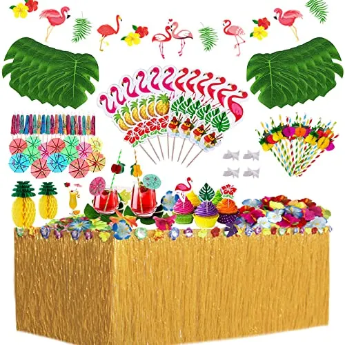 128 Pezzi Gonna Tavolo Hawaiana Tovaglia da Tavolo Set, Foglie di Palma Fiori Hawaiani Cake Topper per Il Partito Luau Hawaiano Decorazioni da Tavola