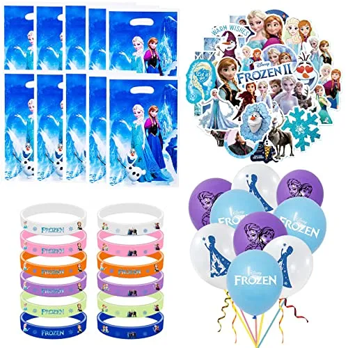 Forhome 84 Pezzi Regalo Festa Compleanno Frozen - 10 Sacchetti Regalo, 50 Adesivi, 12 Braccialetti in Silicone, 12 Palloncino Frozen, Compleanno Feste Regalo Frozen Premi di Carnevale per Bambini