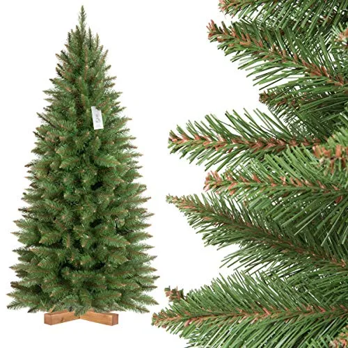 FairyTrees albero di Natale artificiale Abete Rosso/Peccio NATURALE SLIM, tronco verde, con supporto in legno, 150cm, FT12-150