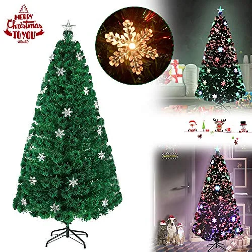 UISEBRT Albero di Natale LED Fibra Ottica Albero Decorativo, con Cambio Colore Illuminato in Fibra Ottica Cristalli Neve Decorazioni (180cm, Vetroresina Colorata con Fiocchi di Neve)