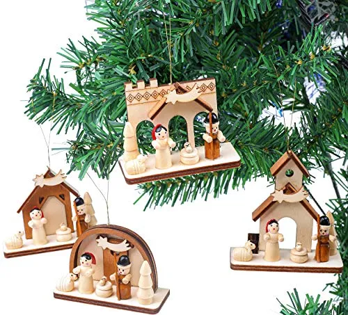 Brubaker 4 Pezzi Set presepi in Legno Ciondolo - Ornamenti Albero Maria e Giuseppe con Gesù - Ornamenti Albero di Natale in Legno - Dipinto a Mano