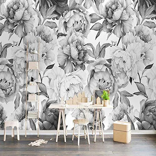 Fotomurali da parete murale 3D Pittura murale peonia in bianco e nero Soggiorno TV Sfondo Decorazione murale 3 D,400X280CM(WxH)