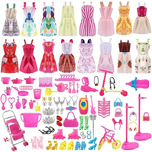 ASANMU 130 Pezzi Vestiti e Accessori per Bambole Dolls, Abito per Dolls Gonna Moda Scarpe Oggetto Rosa Grucce per Bambole Dolls Accessori per della Ragazza Compleanno Natale Regalo Giorno Bambini