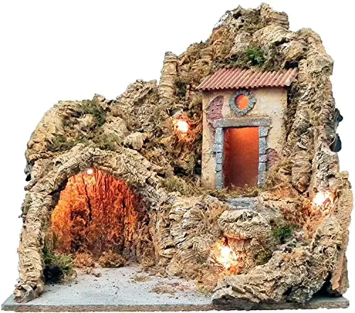 artigianale PRESEPE Grotta MOD. GCR10 in Legno E Sughero ILLUMINATA Misura 40X35X40H CM