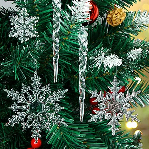 Decorazioni per Alberi di Natale, 25 Fiocchi di Neve e 16 Ghiaccioli Ornamenti Ciondoli Addobbi di Acrilico