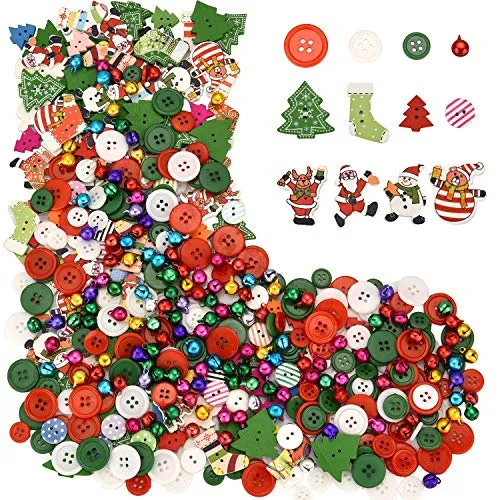 Sumind 300 Pezzi Bottone di Legno da Natale Bottoni in Resina Craft Misto Bottone di Cucitura con 100 Pezzi Piccole Campane Colorate per Le Decorazioni di Natale