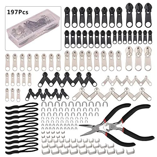 Hisome Sostituzione Cerniera, 197 Pcs Kit di Riparazione Cerniera con Cerniera Installare Strumento Pinze per Borse, Giacche, Tende, Bagagli, Sacco a Pelo (Argento e Nero)