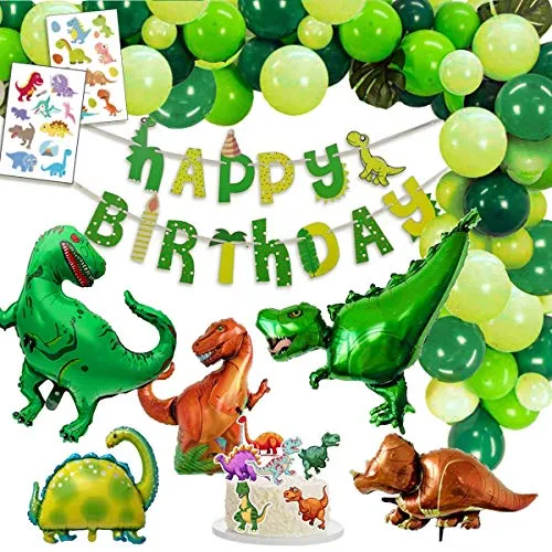 Jonami Decorazione Dinosauro Festa di Compleanno. 1 Bandierina Buon Compleanno Happy Birthday”, 2 Dinosauri Giganti, 2 Tatuaggi, 3 Palloncini Dinosauro, 6 Cake Topper, 30 Palloncini Verdi Variegati