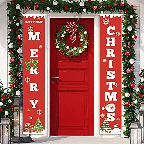 Sayala Decorazioni di Natale Outdoor Indoor - 2 Pezzi di Benvenuto Buon Natale Portico Segno Banner Door - Benvenuto Decorazioni per Porta di Natale Decor (Rosso)