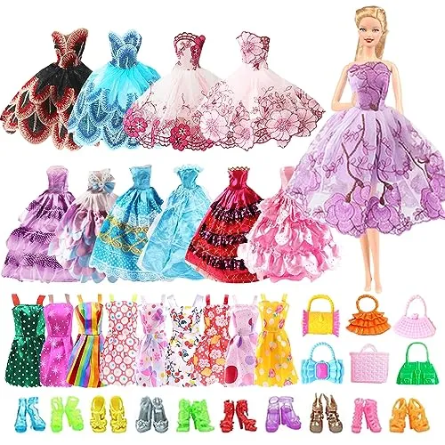 30 Pezzi Vestiti per Barbie, Inclusi 4 Abiti da Sposa, 1 Gonna da Principessa Ricamata, 10 Honne, 10 Paia di Scarpe, 5 Borse da 11, 5 Pollici, Ragazze Compleanno Regali di Natale, Consegna Casuale