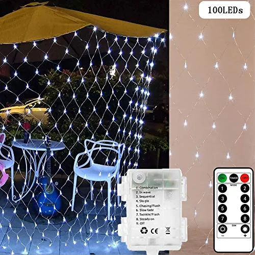 Rete luminosa per esterni, 1,5 m 1,5 m, 100 LED, alimentata a batteria con telecomando e timer per tende, albero di Natale, giardino, cortile, recinzione, balcone Art déco Bianco freddo.