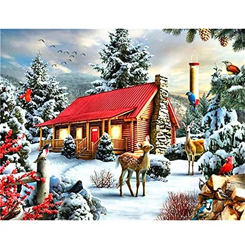 Lkrou Kit di Pittura Diamante 5D Fai da Te Decorazioni per la casa Mosaico Ricamo Scenario Natalizio Regalo Fatto a Mano di Natale-30X40Cm