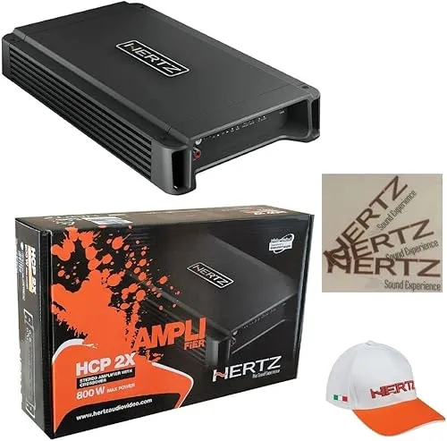 1 amplificatore stereofonico HERTZ HCP2X 2 canali classe ab 2 x 200 watt rms 800 watt max bass boost car + cappellino e 3 stickers, 1 pezzo