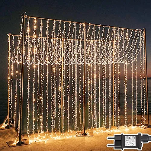 Dekofun Tenda Luminosa Natale 600 LED 6m x 3m Tenda Luci con Timer, 8 Modalità Prolungabile Tenda Luminosa Interno Impermeabile Luci Natale Esterno Cascata per Giardino, Matrimonio - Bianco Caldo