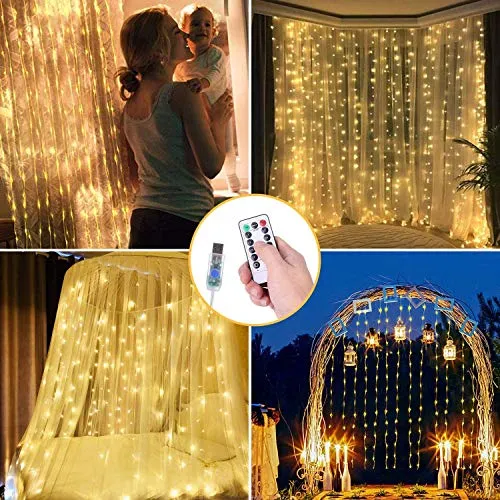 OUSFOT Cascata Luci Tenda Luminosa LED 3 x 3m 300 LED, IP64 8 Modalità di Illuminazione Matrimonio per Feste Finestra Patio Matrimonio ecc. (Bianco Caldo)