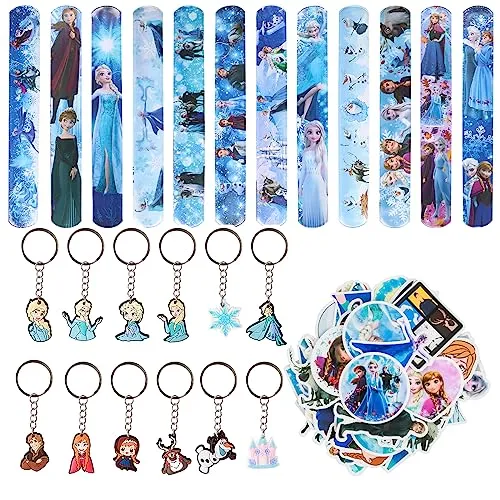 74Pcs Frozen Festa Compleanno Bomboniere Bambini, Braccialetti Regalo Festa, Portachiavi Bambini Feste, Frozen Adesivi, Portachiavi Souvenir Compleanno, per Ragazze Tema Feste Regali