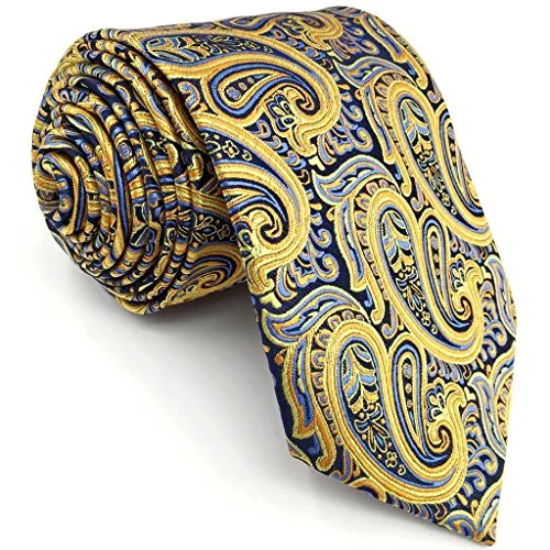 shlax&wing Cravatta da uomo Giallo Blu Paisley Seta Magra 6cm