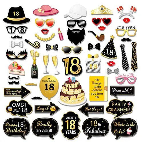 Konsait 55pcs 18 ° Compleanno Photo Booth Props Accessori Fai da Te Colorati Occhiali Baffi Labbra Farfallino Cappelli Nero e Oro per 18 Anni Compleanno Decorazioni Ragazza Ragazzi