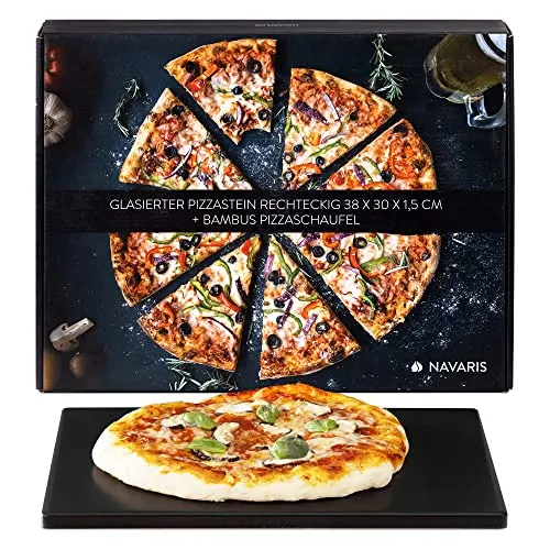 Navaris Pietra Refrattaria per Pizza e Ricettario - Cuocere nel Forno Casa Pane Pizze - Teglia Rettangolare 38x30cm 800° Cordierite e Ceramica - Nero