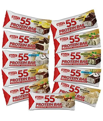 WHY SPORT PROTEIN 55 (GUSTO TORTA AL LIMONE), pack da 12 barrette proteiche da 55g con 27g di proteine per barretta + OMAGGIO 100cpr BCAA 2:1:1 - NT INTEGRATORI