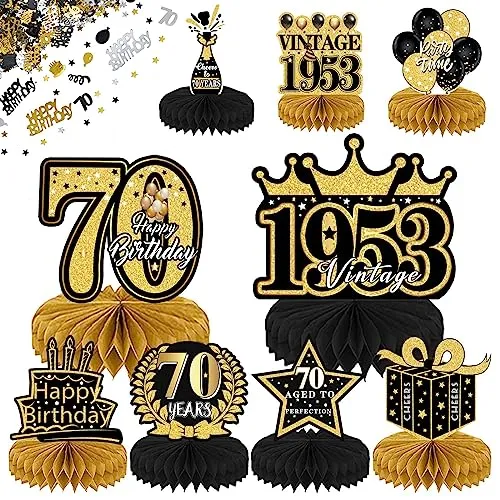 10 Pezzi Centrotavola 70° Compleanno,Compleanno Centrotavola a Nido d'Ape,Decorazione a nido d'ape per compleanno,Addobbi Compleanno Tavolo,Centrotavolo Compleanno 70 Anni,Oro Nero Happy Birthday